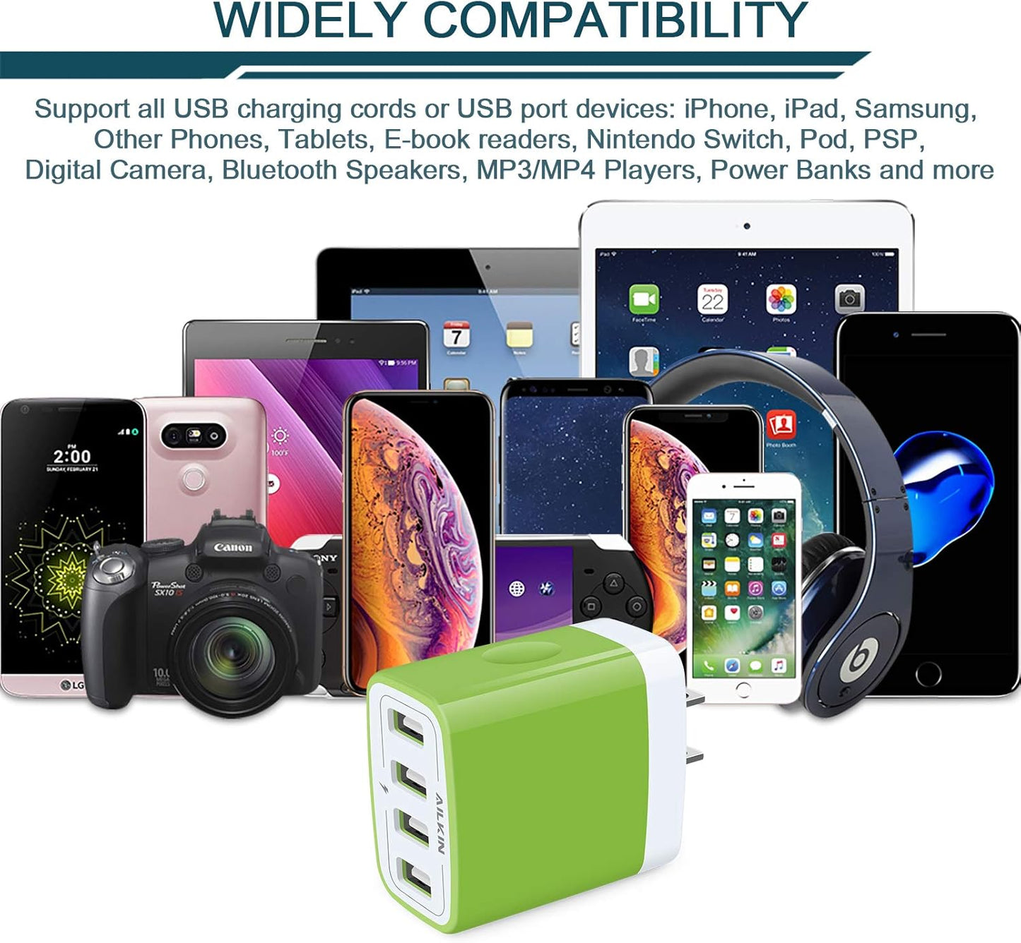 Wall Charger, USB Charger Adapter, 4.8A 4Multi Port Fast Charging Station Power Base Block Plug Cube Brick for Iphone, Ipad, Samsung Galaxy, Moto, Google Pixel, Kindle Fire Plug Cargador Carro