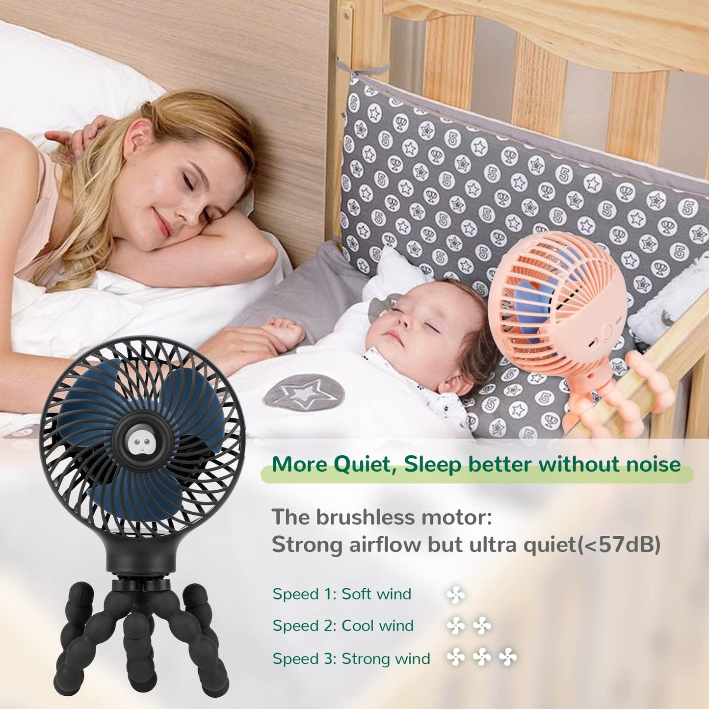 Mini Baby Stroller Fan, Handheld Personal Portable Clip on Fan with Flexible Tripod for Stroller Bike Desk Treadmill Crib Car Seat Outdoor Camping, USB or Battery Powered (Black)