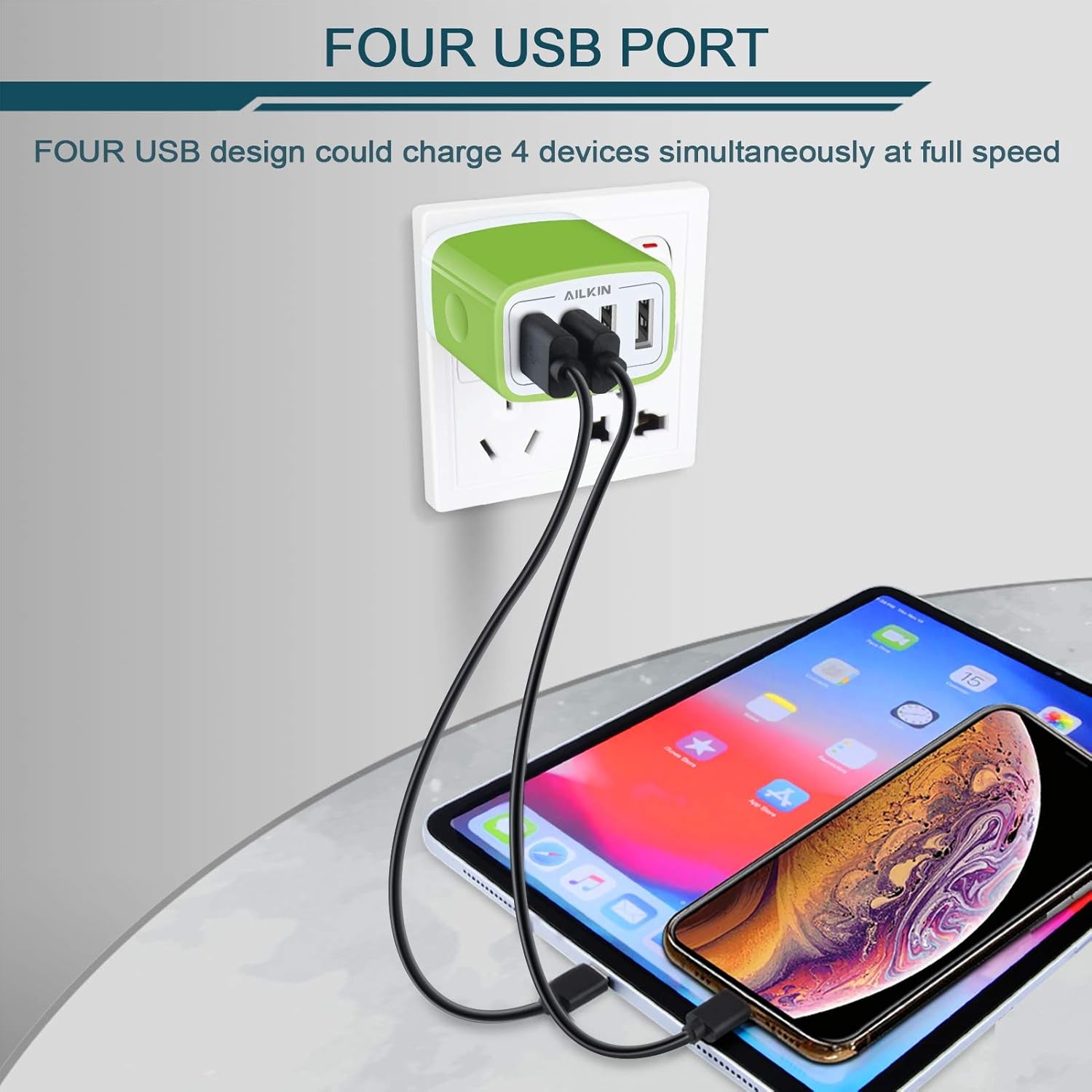 Wall Charger, USB Charger Adapter,  4.8A 4Multi Port Fast Charging Station Power Base Block Plug Cube Brick for Iphone, Ipad, Samsung Galaxy, Moto, Google Pixel, Kindle Fire Plug Cargador Carro