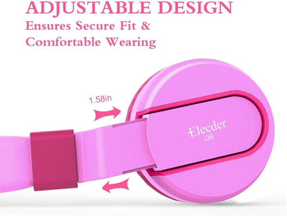 I36 Kids Headphones Children Girls Boys Teens Foldable Adjustable on Ear Headphones 3.5Mm Jack Compatible Cellphones Computer Kindle MP3/4 School Tablet Pink/Rose