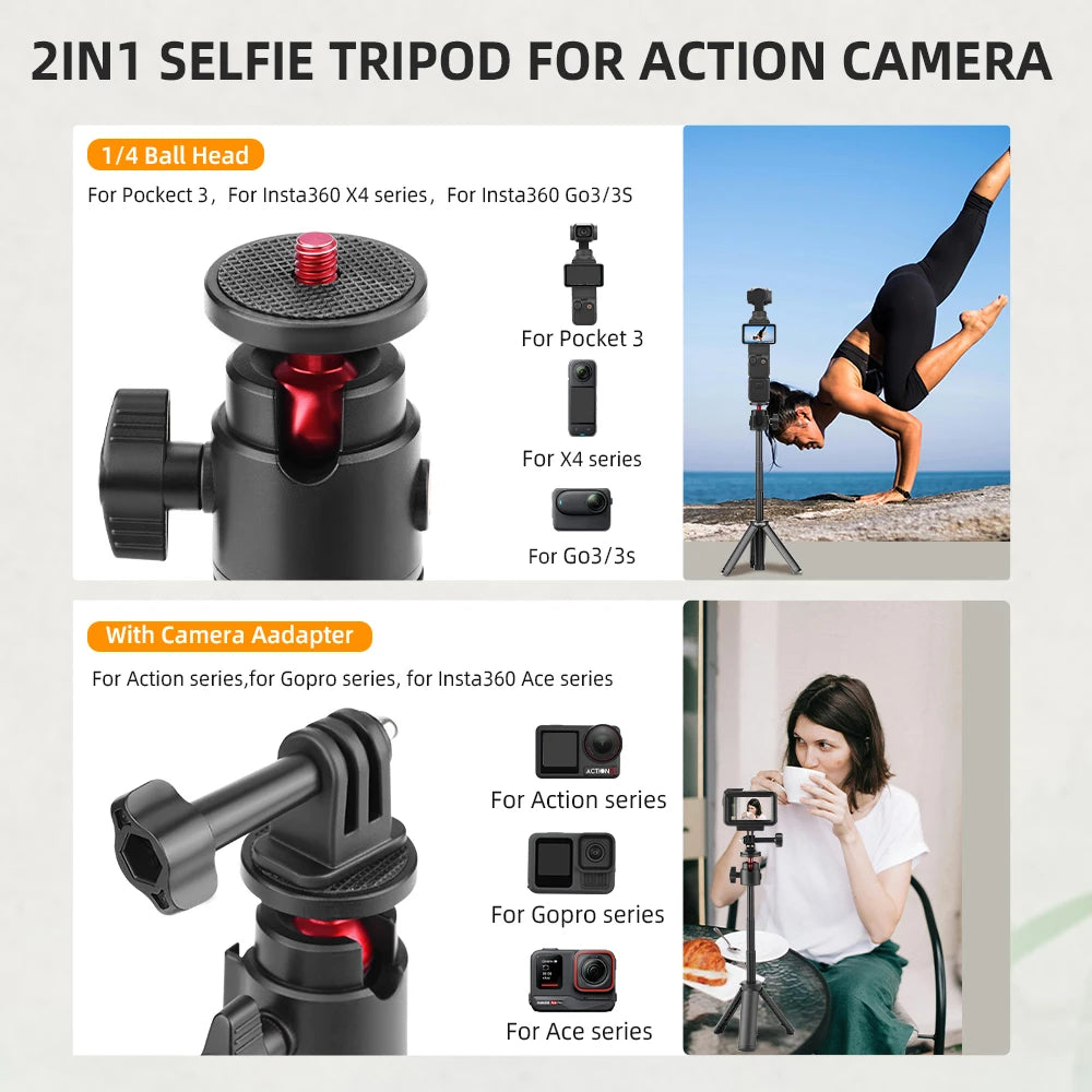 Selfie Stick Tripod for Insta360 X4 X3 Ace Pro 2 DJI Action 5 4 Pro Pocket 3  Selfie Stick with Tripod Stand Accessories