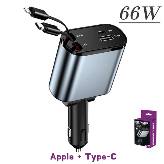 4 in 1 Retractable Car Charger Mobile Phone USB PD Type C Cable for Iphone Fast Charge Cord Cigarette Lighter QC Adapter