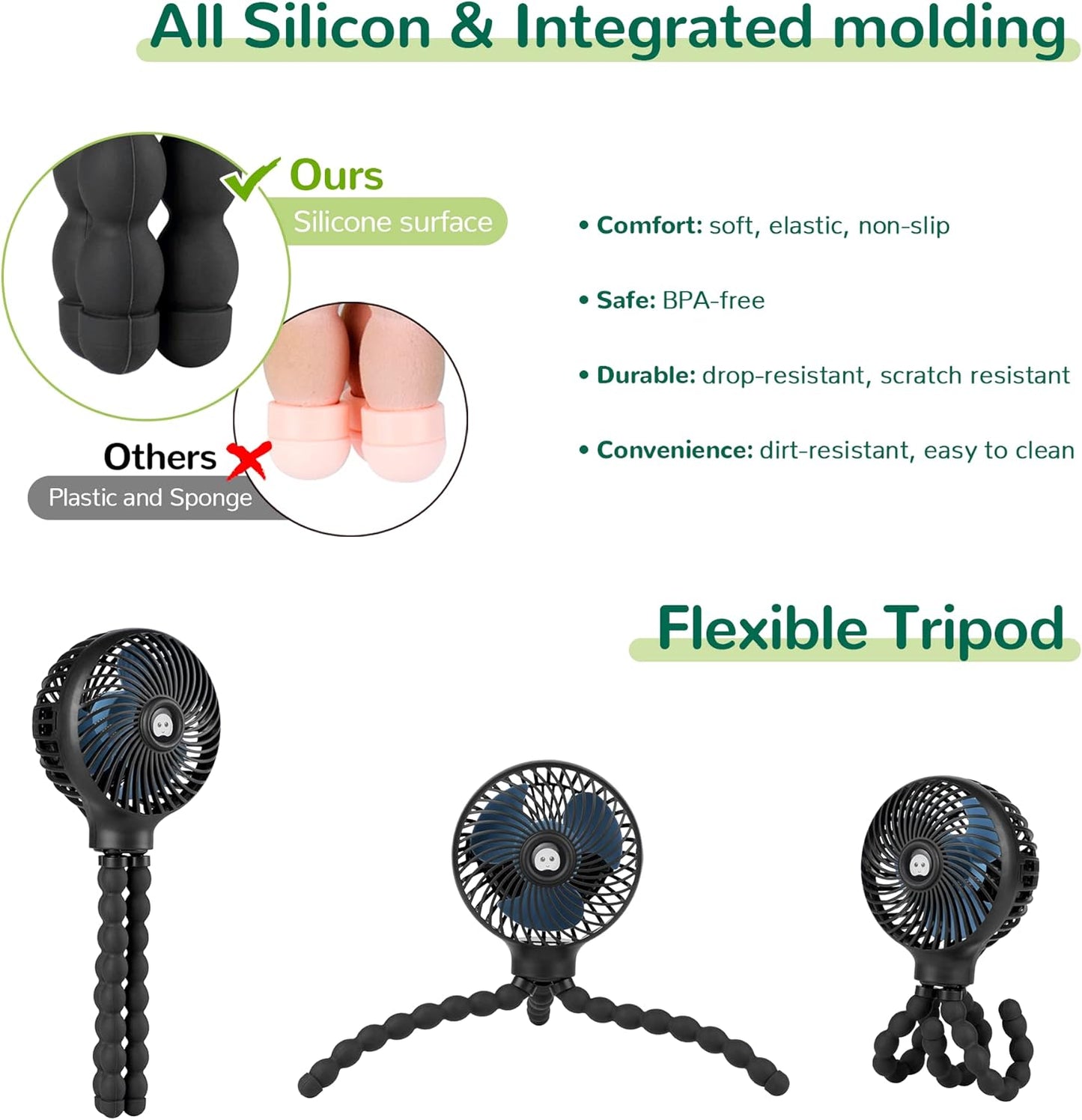 Mini Baby Stroller Fan, Handheld Personal Portable Clip on Fan with Flexible Tripod for Stroller Bike Desk Treadmill Crib Car Seat Outdoor Camping, USB or Battery Powered (Black)