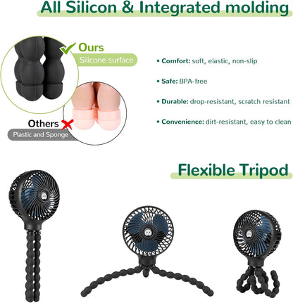 Mini Baby Stroller Fan, Handheld Personal Portable Clip on Fan with Flexible Tripod for Stroller Bike Desk Treadmill Crib Car Seat Outdoor Camping, USB or Battery Powered (Black)
